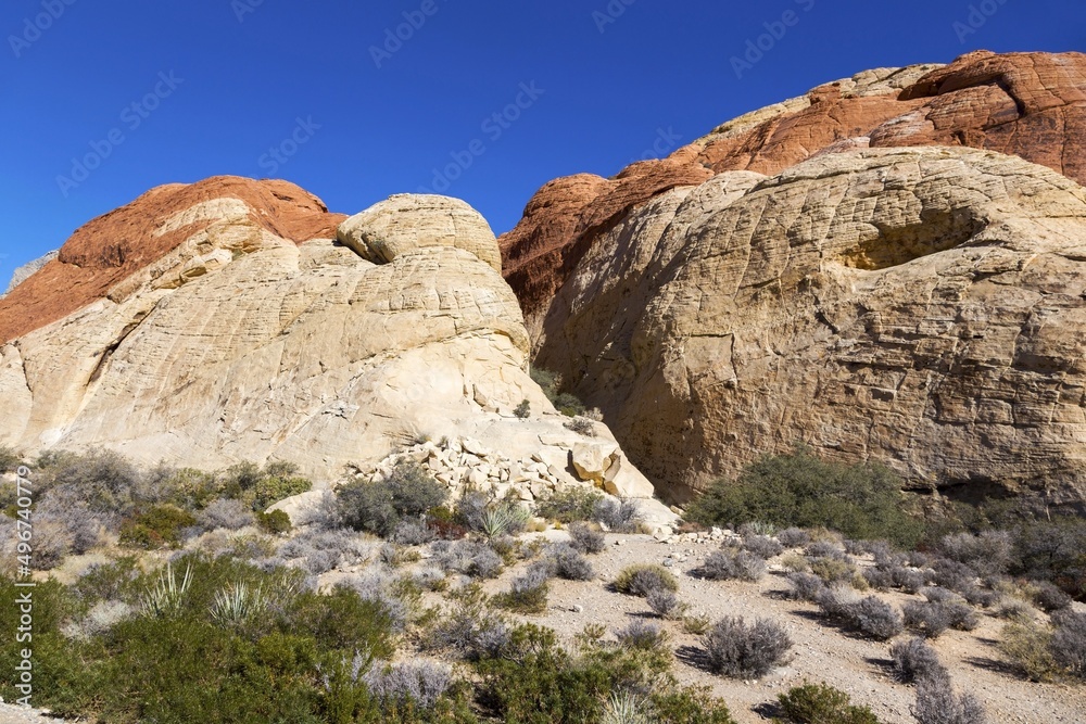 Fototapeta premium Famous Multi Layered Calico Rocks Formation. Scenic Desert Landscape in Red Rock Canyon National Conservation Area, Nevada USA