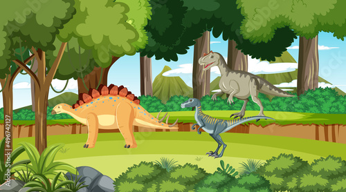 Prehistoric forest with dinosaur cartoon