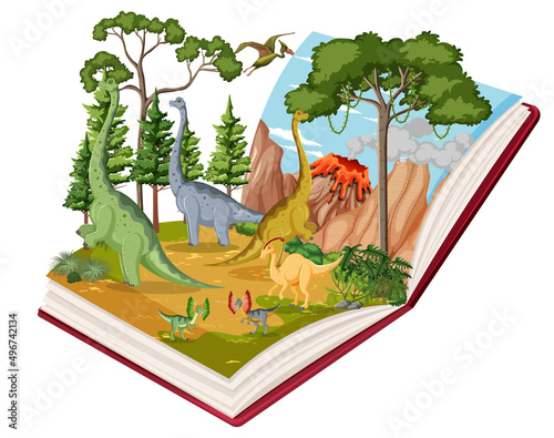 Book with scene of dinosaurs in forest