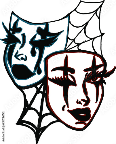 Vector illustration of sad crying and happy face mask with blue and red outline on the white background.