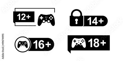 Icons with game controller. Parental control labels. Age restrictions. Control for media content in Internet. Ban for games. Set of monochromatic pictograms, sign. Only for adults.