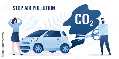 Car with smoke. Man cuts off harmful emissions. Ban on environmental pollution by cars. Air pollution, ecology problem. High emission co2. Unhappy woman driver. Auto run on non-ecological fuel.