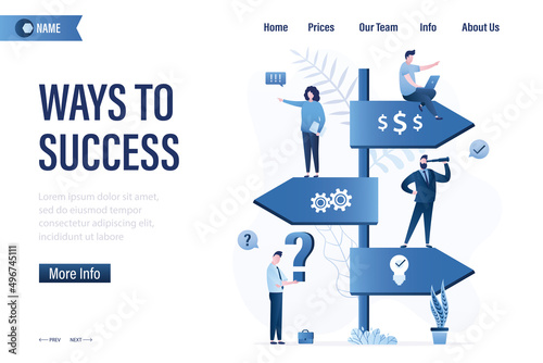 Ways to success, landing page template. Various business people thinking about right way and choose road to success. Pointer with multiple directions. Ways to profit, successful career, ideas.