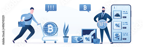Male artist or art dealer sells artworks online. Digital copies of paintings on mobile phone. Buyer running with shopping cart and bitcoin. Technology of selling NFT tokens for cryptocurrency.