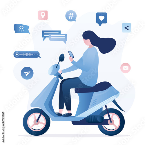 Driver woman ride on motorcycle and surfs internet, social media. Female character sits on bike and uses phone. Extreme driving. Socializing, entertainment and content viewing. photo