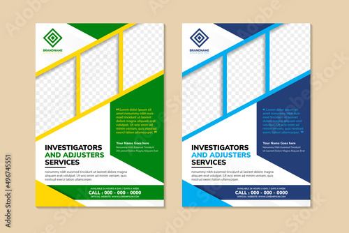 Case Study Template design. Investigators and adjusters service Booklet Layout with blue, green and yellow colors elements. vertical Flyer Template with space for photo and text