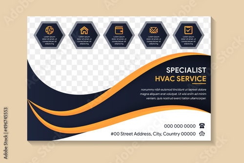 Professional HVAC Service Flyer Template. Specialist HVAC services using horizontal layout. Space for photo and text. combination orange and dark blue colors. 