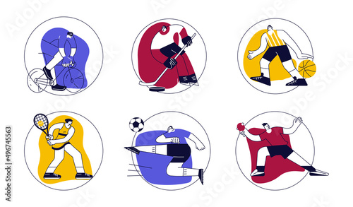 Set of round templates with Sportspersons from different field victory