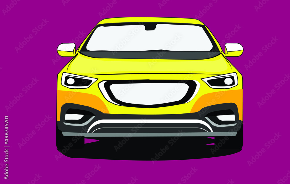 City sport sedan view from the front. Vehicle for your project. Vector illustration style with background purple, illustration of a car.