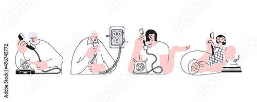 Set of people talking by retro phone.