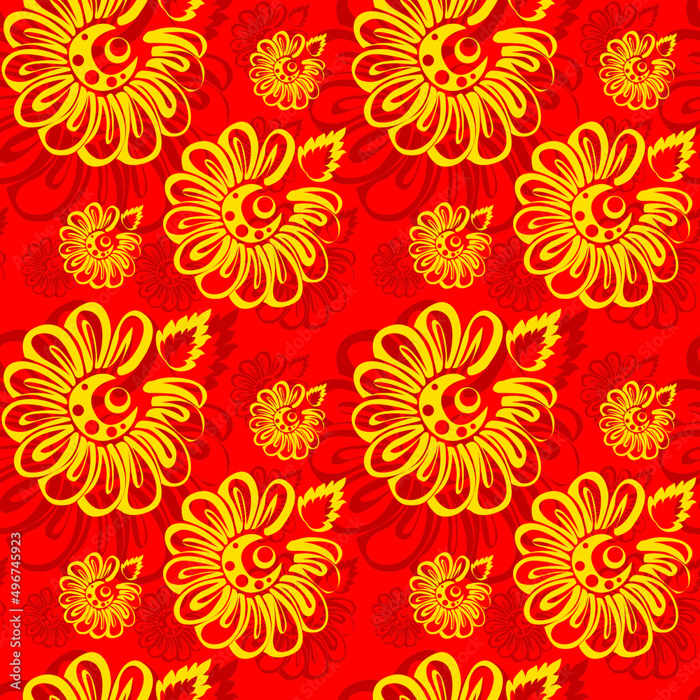 Yellow flowers on red background, seamless pattern, texture for fabric design, wallpaper and tile, vector illustration