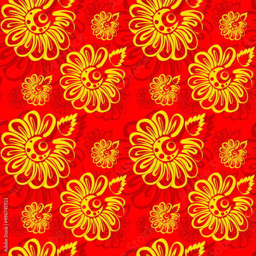 Yellow flowers on red background  seamless pattern  texture for fabric design  wallpaper and tile  vector illustration