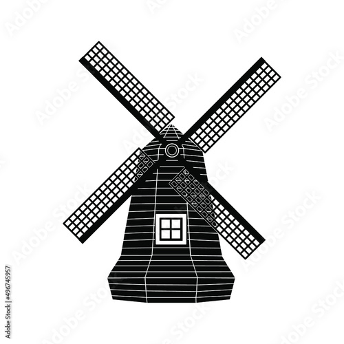 Old windmill, black sign on white background, vector illustration