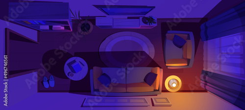 Top view of living room with sofa, chair, tv on wall, and bookcases at night. Vector cartoon illustration of dark lounge interior in house or hotel with couch, table and lamp