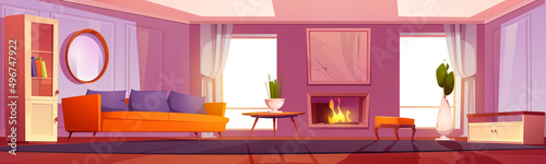 Living room, home interior with burning fireplace, modern furniture, couch with pillows, daybed, wooden coffee table with flower in vase, curtained windows and bookcase, Cartoon vector illustration