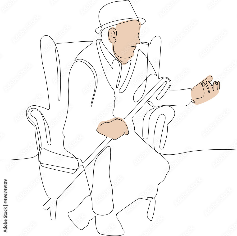 Obraz premium Continuous one line drawing of outline of mature man in a bathrobe sitting in an armchair and using a smartphone isolated on white background. Vector illustration