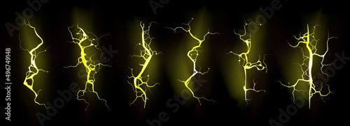 Set of yellow lightning, electric thunderbolt strike during night storm. Powerful electrical discharge, impact, crack, magical energy flash. Realistic 3d vector bolts isolated on black background