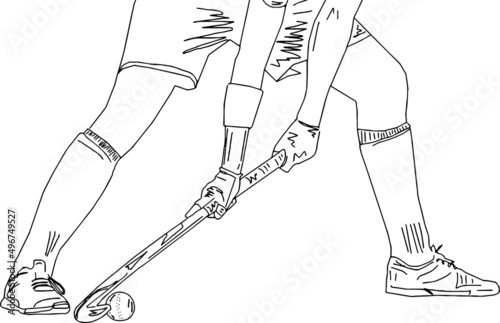 outline sketch drawing of hockey player, line art illustration of young boy taking penalty stroke in hockey match