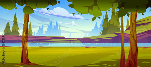 Summer landscape with river, rocky shore, trees and coniferous forest. Vector cartoon illustration of nature scene with water stream, green grass, firs and stones