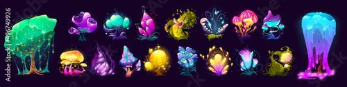 Fantasy flowers, trees, and mushrooms from alien world or planet. Vector cartoon set of fantastic plants with dripping slime, teeth, and eyes. Unusual fungus and grass with mystic glow