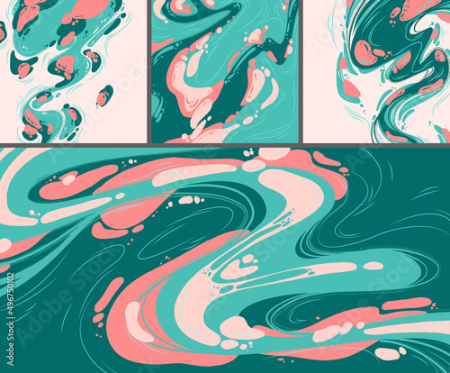 Modern posters with abstract fluid pattern, flow shapes and lines. Vector art backgrounds with flat painting illustration with paint splashes, liquid blobs and waves