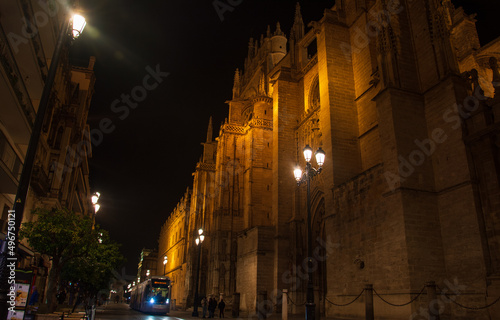 night lights illuminate the cathedral of seville in andalusia, spain
