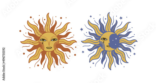 Sun and moon with face and rays, vintage engraving stylization, Slavic design. Boho tattoo, heavenly mystical symbol for tarot, astrology, fortune telling. Full color vector print, flat illustration.