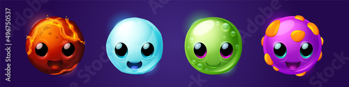Funny fantasy round monsters for game interface. Vector cartoon icons set of cute ball characters with texture of green jelly, candy, ice and hot magma isolated on background