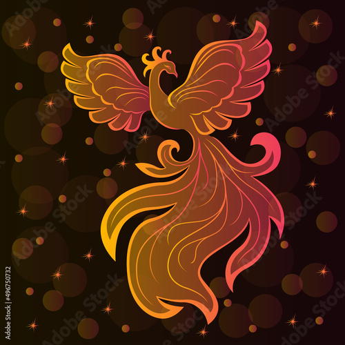 Silhouette of charming magic bird in orange-pink hues on a dark brown background with stars and transparent circles