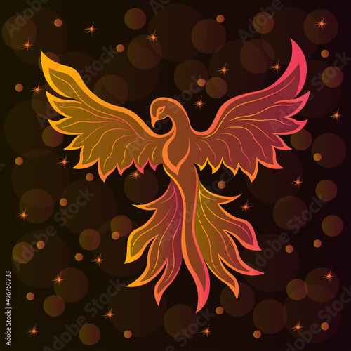 Silhouette of charming phoenix in orange-pink hues on a dark brown background with stars and transparent circles