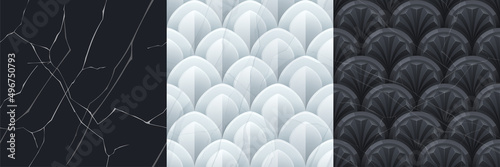Textures of marble wall with geometric ornament of fan and scale. Vector cartoon seamless patterns of white, gray and black stone surface with abstract decoration motif