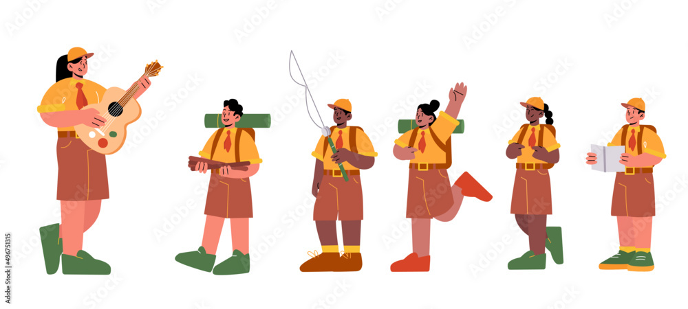 Fototapeta premium Kids scouts and teacher hiking to camp. Vector flat illustration of children in uniform with tie, boys and girls with backpacks, fishing rod, firewood, and map and woman with guitar