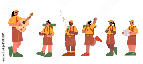 Kids scouts and teacher hiking to camp. Vector flat illustration of children in uniform with tie, boys and girls with backpacks, fishing rod, firewood, and map and woman with guitar