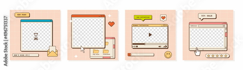 Set of ig post templates with old computer user interface. Nostalgic design for social media square posters. Retro 80s 90s aesthetic backdrops, groovy vaporwave style backgrounds. Vector illustration.