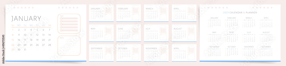 2023 year calendar template with notes and to do list. Vector planner organizer with tasks and notes space. - obrazy, fototapety, plakaty 