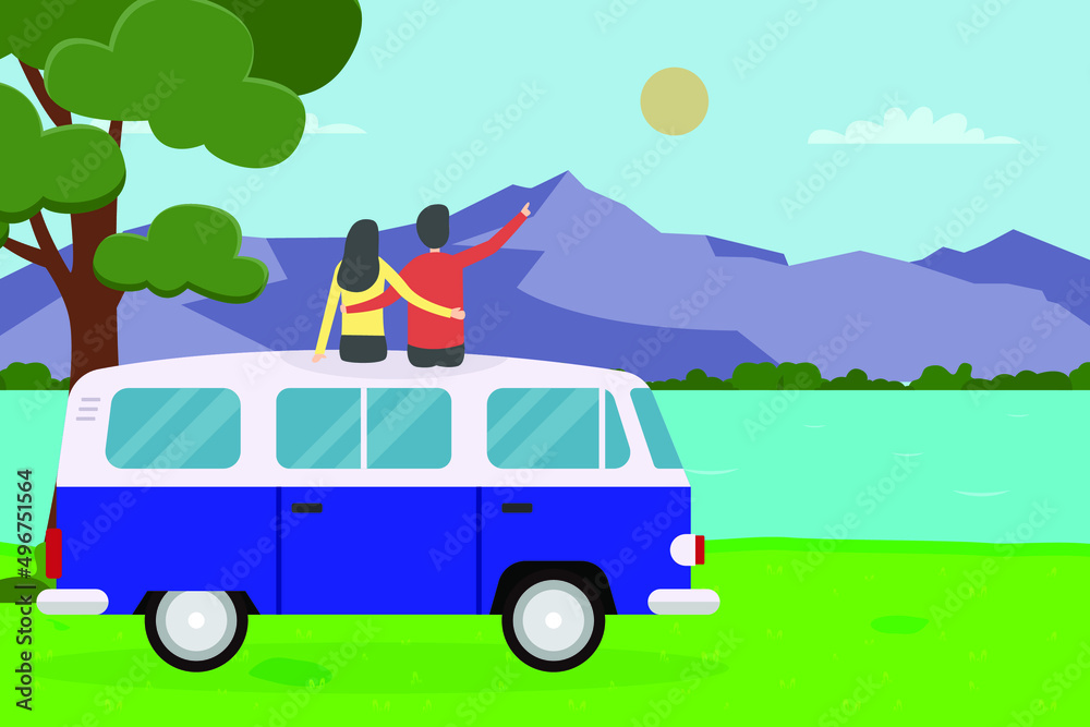 Fototapeta premium Holiday vector concept. Young couple enjoying mountain view while sitting together on the van