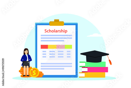 Scholarship vector concept. Female college student using a laptop while sitting near the scholarship form with graduation hat