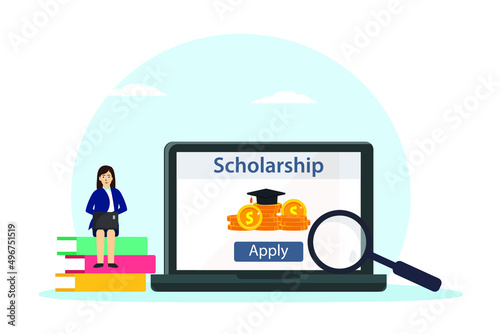 Scholarship vector concept. Female college student applying for scholarship on the laptop while sitting on pile of books