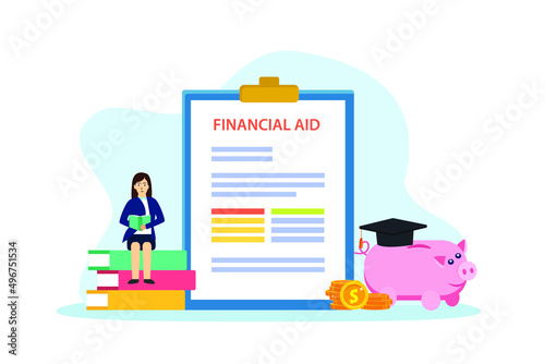 Financial aid vector concept. Female student reading a book on a pile books while sitting with financial aid document