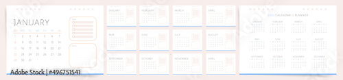 2023 year calendar template with notes and to do list. Vector planner organizer with tasks and notes space.