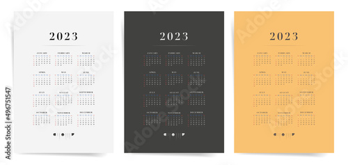 Set of 2023 year modern business calendars. Vector calendars card. English, Week starts on Sunday. Grid planner. 