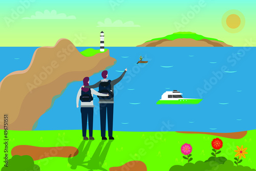 Holiday vector concept. Young couple enjoying beautiful beach scenery while standing on the hills