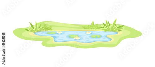 Pond Filled with Natural Water and Green Grassy Bank Vector Illustration