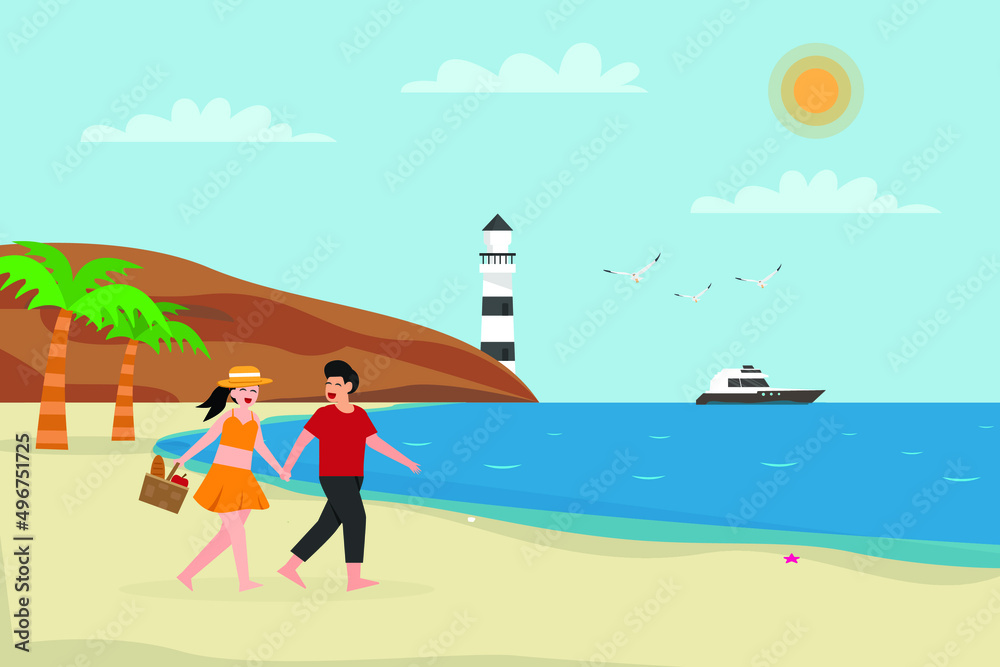 Holiday vector concept. Young couple carrying a food basket while walking together on the beach