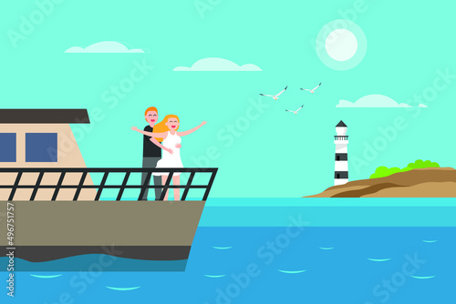 Holiday vector concept. Young man embracing his wife while standing on the yacht