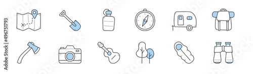 Camp icons with backpack, guitar, map, compass and binocular. Vector set of sketch symbols of hiking and travel equipment, car trailer, shovel, bottle, photo camera, sleeping bag and axe