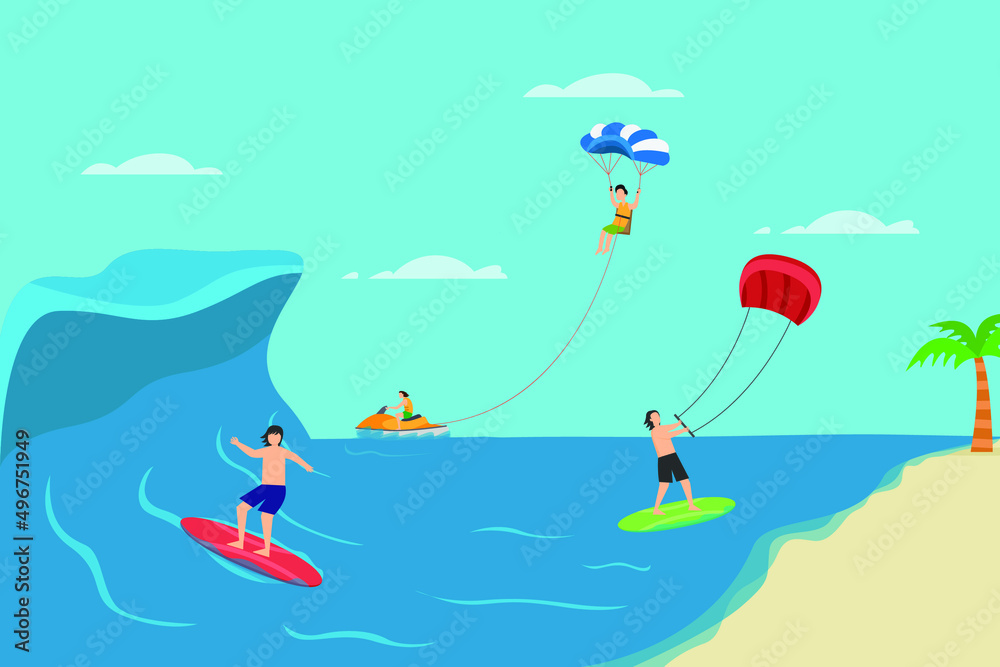 Summer holiday vector concept. Group of young people surfing in the beach while enjoying summer holiday