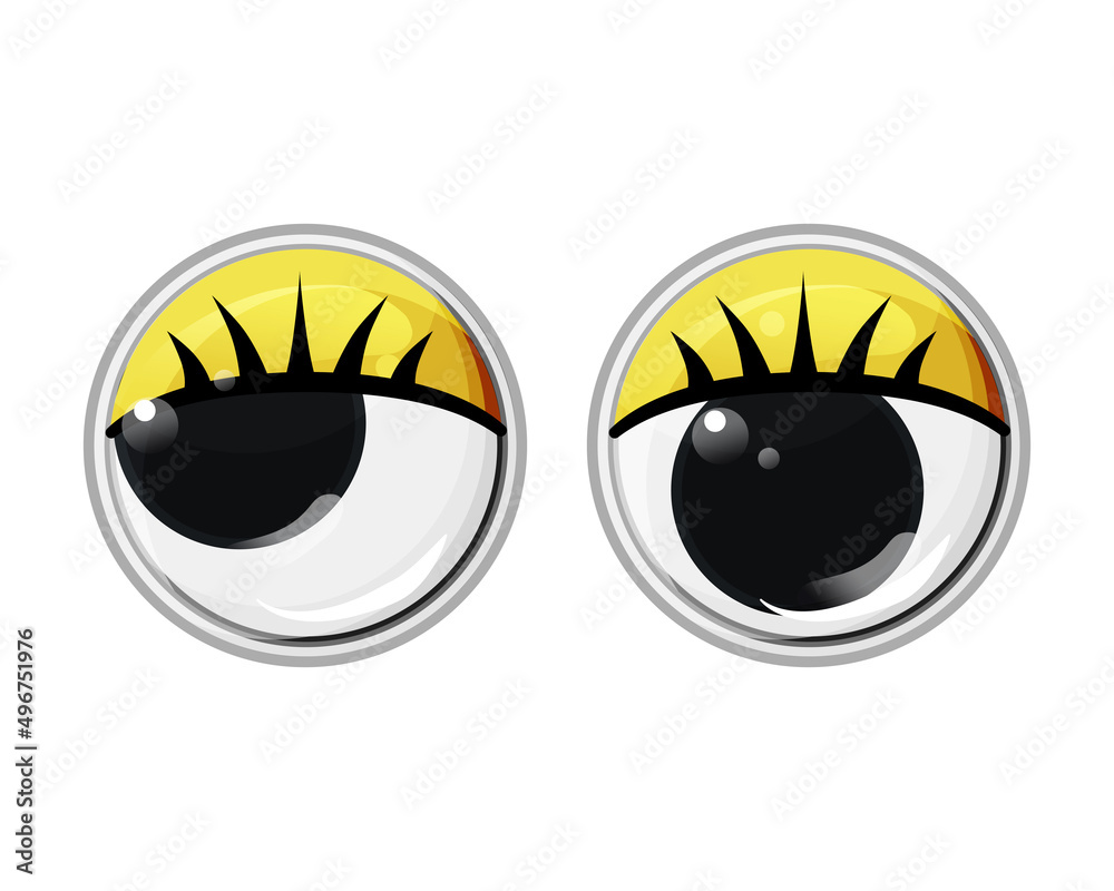 Plastic eyes with eyelashes and yellow eyelids. Vector cartoon illustration on a white isolated background Plastic eyes with eyelashes and yellow eyelids. Vector cartoon illustration on a white isolated background