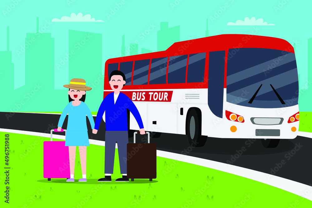 Bus tour vector concept. Happy young couple carrying luggage while standing with bus tour