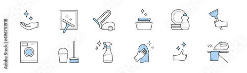 Sketch icons of cleaning service with vacuum cleaner, bucket, broom, spray and washing machine. Vector set of hand drawn signs of professional housework and laundry